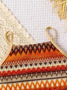 SHEIN Leap Crew Young Girl Colorful Jacquard Knit Swimwear Set, For Vacation & Leisure