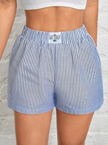 SHEIN PETITE 女士字母松紧腰条纹休闲短裤 - 淺藍色 - 查看 5