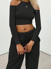 INAWLY 2pcs/Set Women Off Shoulder Long Sleeve Cropped T-Shirt And Pants Fall Cloth For Women - Black - View 3