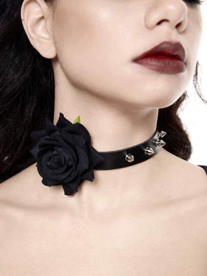 Goth 1pc Black Floral Skull Nail Leg Bracelet / Anklet