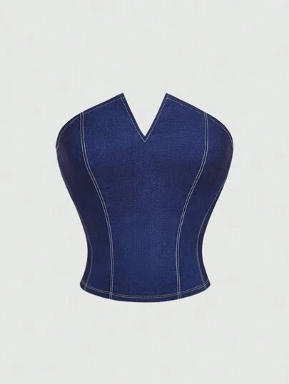 SHEIN MOD 女式 V 领修身背心，牛仔效果缝线，短款上衣，女式紧身胸衣上衣，女式外出上衣，哥特式，Y2k 上衣，夏季，女式可爱上衣，基本款上衣，女式情人节服装，抹胸