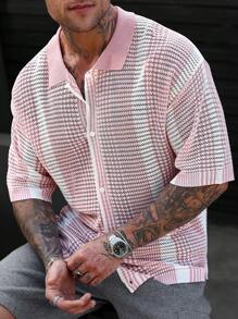 Claim Dot Men's Casual Striped Drop Shoulder Single-Breasted Knitted Sweater, Spring/Autumn - Pink - View 5