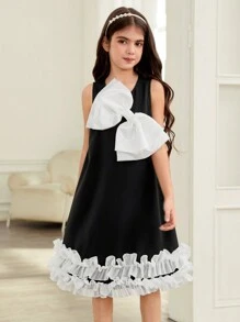 SHEIN Leap Crew Vestido eleg en blanco y negro con lazo y plisado en la Bottom para niñas preadolescentes - Negro - Ver 4