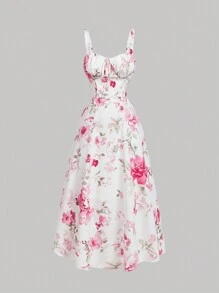 SHEIN MOD Robe rose à imprimé floral avec plissés sur le buste, bretelles ajustables, taille cintrée et fluide. Vêtements pour la Saint-Valentin. Robe modeste. Robe d'été pour les vacances. Tenues de vacances à la plage. Robe fluide. Robe fleurie pour femmes. Tenue de concert pour femmes - Multicolore - Voir 1