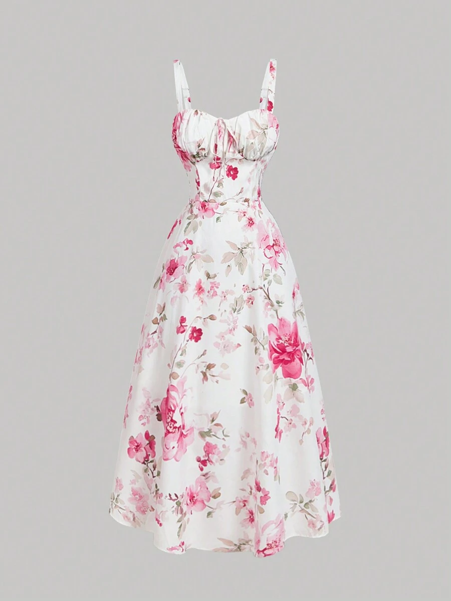 SHEIN MOD Robe rose à imprimé floral avec plissés sur le buste, bretelles ajustables, taille cintrée et fluide. Vêtements pour la Saint-Valentin. Robe modeste. Robe d'été pour les vacances. Tenues de vacances à la plage. Robe fluide. Robe fleurie pour femmes. Tenue de concert pour femmes - Multicolore - Voir 1