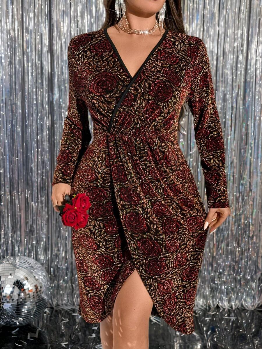 SHEIN Clasi Plus Size Women Valentine's Day Rose Foil Print Long Sleeve Regular Fit Elegant Party Dress, Autumn/Winter - Red - View 1