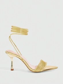 CUCCOO SZL Giày cao gót mũi nhọn màu vàng thời trang gợi cảm đính đá Rhinestones Strappy dành cho nữ - Vàng - Xem 2