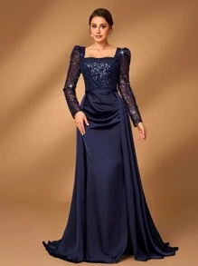 Serin Elegant Luxurious Pearl Sequin Patchwork Satin See-Through Long Sleeve Mermaid Formal Dress With Extra Flared And Ruched Hem, Suitable For Wedding, Party, Prom, Holiday, Gala, Mother Of The Bride Dress (Heavily Embellished) - Navy Blue - View 2