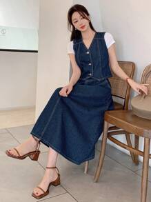 DAZY Damen Gewaschenene zweifarbige Denim-Weste und Denim Rock im Cowgirl-Stil, Frühling/Sommer