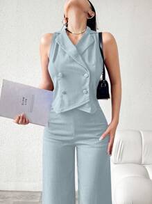 Modelyn Women's Solid Color Double-Breasted Blazer & Trouser Casual Suit Set - Baby Blue - View 7