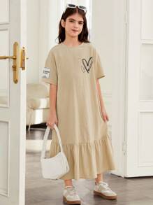 SHEIN Tween Girls Loose Casual Round Neck Ruffle Heart Pattern Short Sleeve Dress