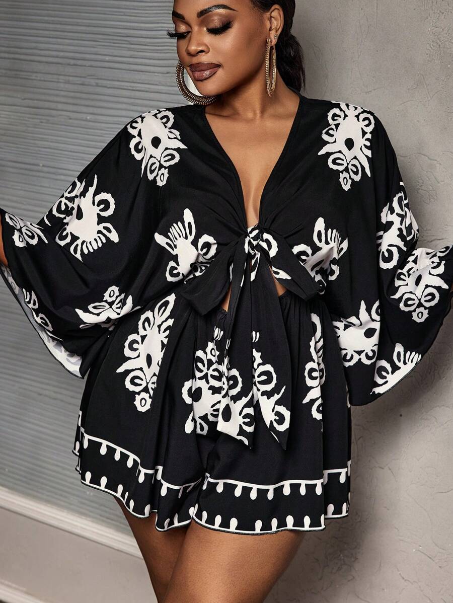 Slaydiva 大码女式 V 领系腰宽松印花连体衣 - 黑色 - 查看 1