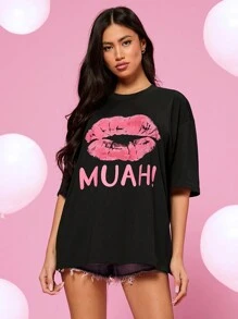 Manfinity VCAY Unisex Casual Loose Fit Lip Print & Letter Graphic Short Sleeve T-Shirt - Black - View 4