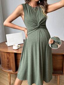 SHEIN Vestido de lactancia con cuello redondo sin mangas con nudo retorcido para maternidad