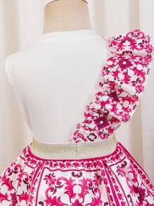 SHEIN Leap Crew Babygirl Summer Cute Floral Print Ruffled Trim Top And Skirt Set - Pink - View 8