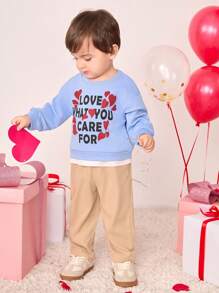 SHEIN 2pcs Setelan Kemeja Bayi Laki-laki Unisex Kasual Biru Muda Musim Gugur Cocok untuk Keluarga, Gaya Olahraga Preppy 2 in 1, Aprikot, Motif Hati, Kain Lembut untuk Musim Semi/Panas - MultiWarna - View 5