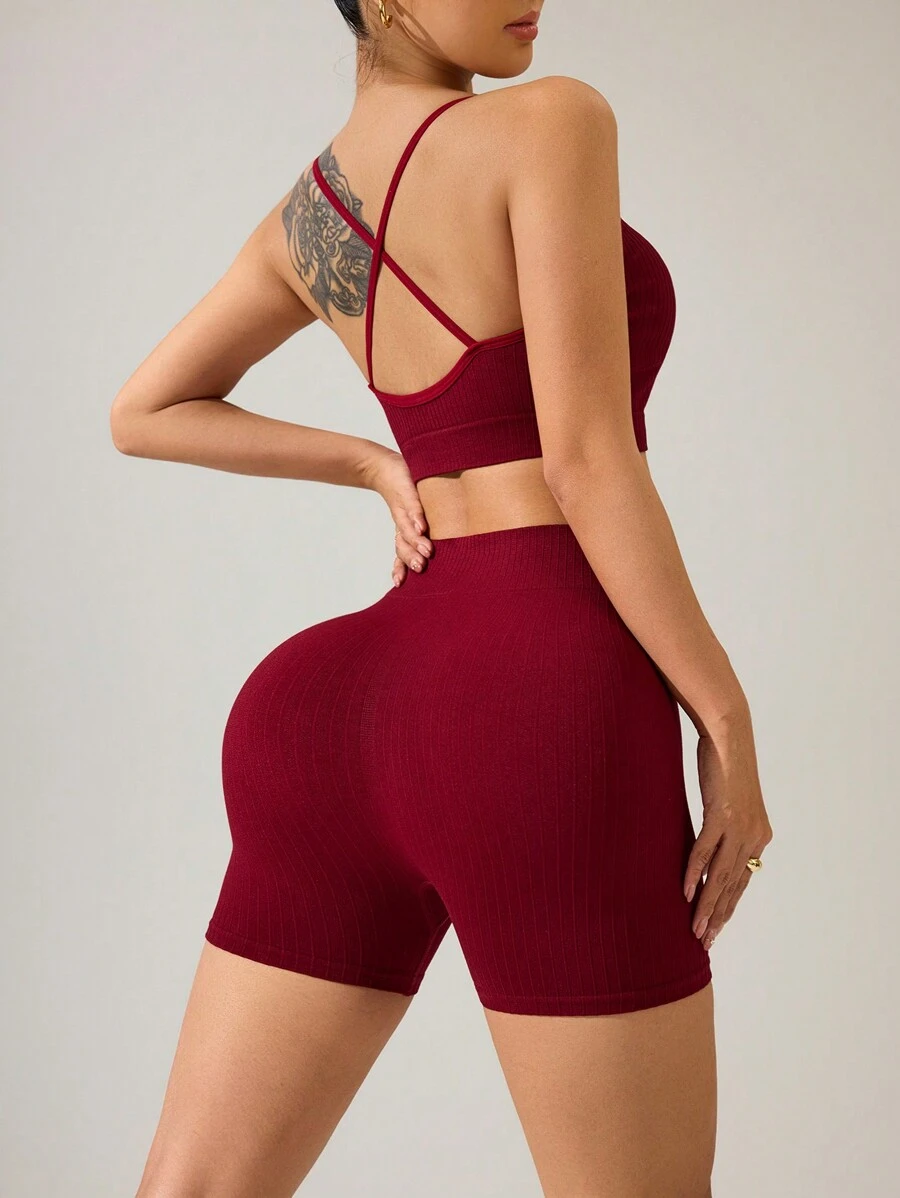 SHEIN 女士纯色交叉背心和短裤运动套装女士健身套装