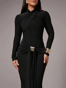 Silquee Women's Elegant Overlapping Long Sleeve Dress,Metal Buckle Decor Front Slit,Elastic Knit,Autumn/Winter Layering For Dining,Cocktail Party,Black - Black - View 4