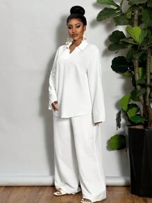 Slaydiva Plus Size Woman 2 Pieces All White Outfit Set: Loose Solid White V-Neck Casual Blouse & Straight Leg Pants, Lightweight Semi-Sheer Woven Fabric, Suitable For Spring/Summer Daily/Holiday Wear