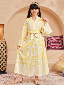 SHEIN Tween 女童宽松休闲立领几何图案长袖中长连衣裙 - 白色 - 查看 4