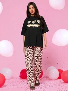 Manfinity VCAY 2pcs Unisex Leopard Print Knit Loose Drop Shoulder Crew Neck Short Sleeve T-Shirt And Elastic Waist Ankle Length Pants Set - Multicolor - View 5