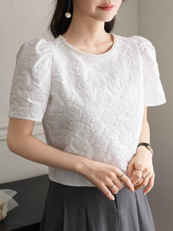 DAZY Wedding Guest Elegant Beaded Bubble Sleeve Round Neck Women T-Shirt, Summer
