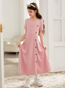 SHEIN Leap Crew Tween Girls' Casual Simple Button Decor Ribbed Knit Ruffle Hem Short Sleeve Mid-Calf Dress, Light Pink - Dusty Pink - View 4