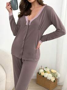 RueChic Women 2 Pcs Viscose Soft Touch Button Front With Contrast Colour Lace Detail Homewear Set - Brown - View 5