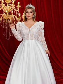 Vestido de novia de talla grande con mangas abullonadas, empañuelado de encaje y satén, y detalle de lazo en la espalda para tallas grandes - Blanco - Ver 2