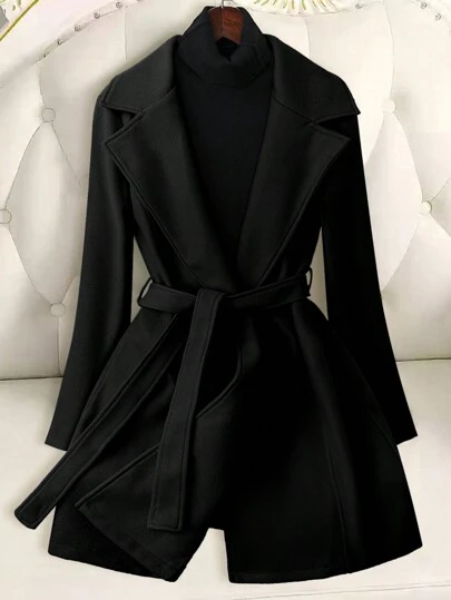 GlowEve Women Solid Color Waist Belt Elegant Long Sleeve Overcoat, Autumn/Winter Black Coat Women Fall Cloth For Women
