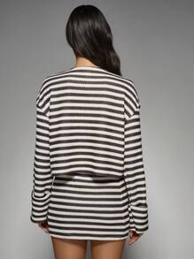 MISSGUIDED 针织条纹长喇叭袖纽扣圆领上衣和迷你裙两件套