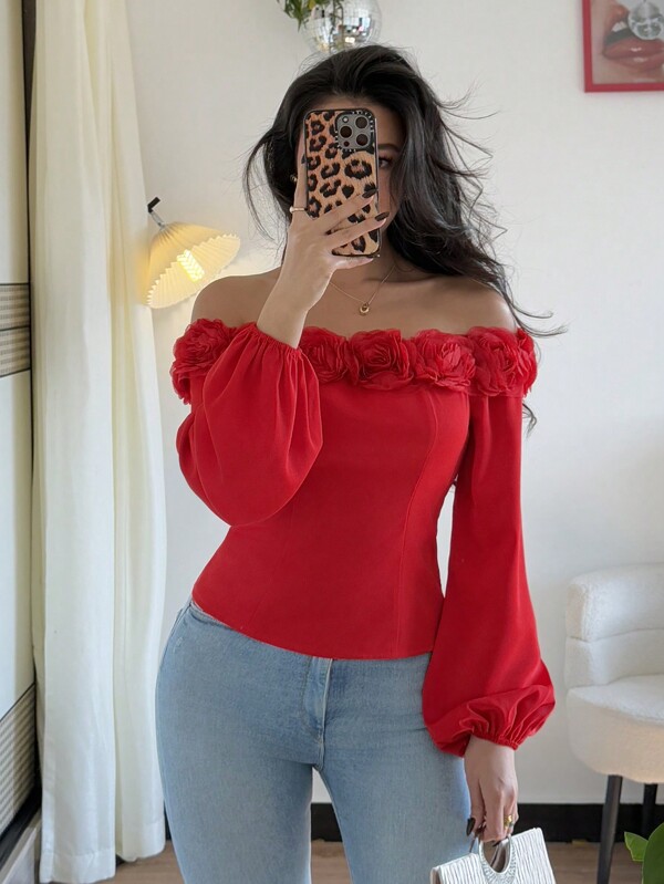Islaluna Women's Sexy Red Off Shoulder Blouse With 3D Floral Trim And Long Sleeves
