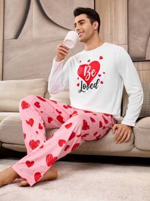 CoupledUp Conjunto de pijama de manga larga y pantalones largos con patrón de corazón y contraste de colores, para hombre, como regalo del Día de San Valentín