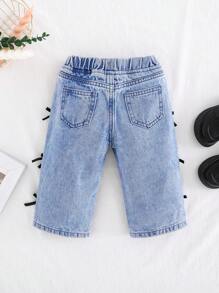 Cozy Pixies Pantalones vaqueros suaves y holgados de mezclilla azul desgastada con lazo lateral lindo para niñas, ropa de niñas para otoño e invierno, atuendos para volver a la escuela