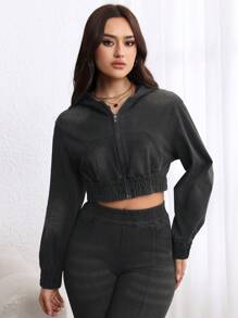 SHEIN LUNE Women's Long Sleeve Zip Up Hooded Cropped Casual Jacket - Black - View 4