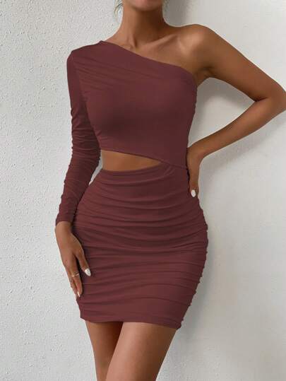 Allurite Women's Sexy One Shoulder Dress Ruched Bodycon Mini Dress Cut Out Detail Solid Color One Sleeve Dress Fall Cloth For Women