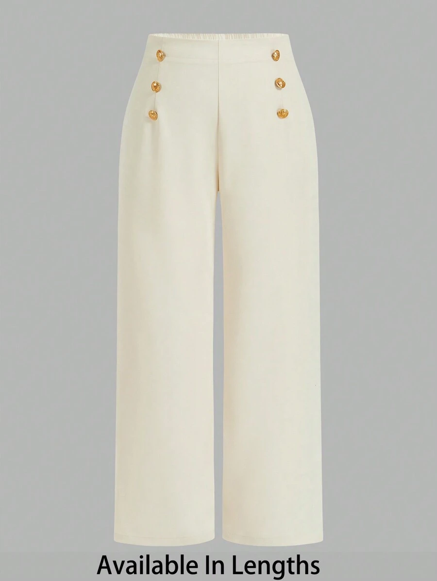 SHEIN Tall CURVE 大码纯色前扣简约休闲长裤 - 白色 - 查看 1