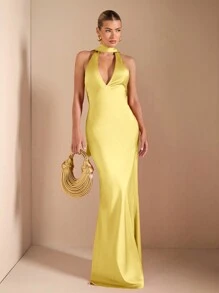 SHEIN BAE Đầm hở lưng buộc dây cổ chữ V sâu gợi cảm thanh lịch, thích hợp cho tiệc cocktail, hẹn hò lãng mạn, lớp lót thu đông, tiệc tùng, đám cưới, Halloween, Giáng sinh - Màu vàng - Xem 5