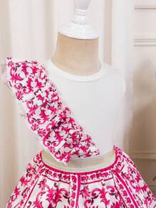 SHEIN Leap Crew Babygirl Summer Cute Floral Print Ruffled Trim Top And Skirt Set - Pink - View 4