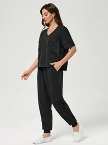 TaskEZ 2pcs/Set Women's Contrast Color V-Neck Short Sleeve T-Shirt And Drawstring Scrub Pants Scrub Uniform - Black - View 3