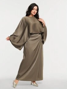 Veilorie 大码女式纯色圆领蝙蝠袖衬衫和褶皱中长裙两件套，优雅端庄 - 卡其色 - 查看 6