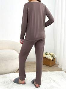 RueChic Women 2 Pcs Viscose Soft Touch Button Front With Contrast Colour Lace Detail Homewear Set - Brown - View 2