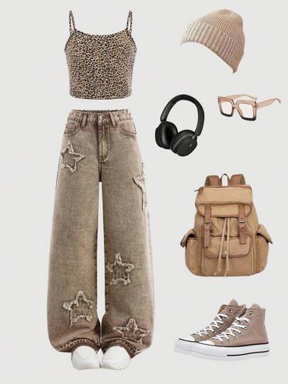 SHEIN Tween Girl Y2K 2pcs Fashion Leisure Leopard Print Simple & Comfy Tank Top & Frayed Hem Decor Washed Distressed Star Pattern Khaki Baggy Straight Leg Jeans, Girls Y2K Two Pieces Outfits