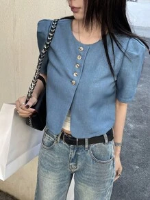 DAZY 女式纯色泡泡袖短袖衬衫，蓝色，春夏学院风上衣 - 藍色 - 查看 4