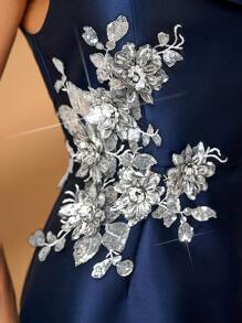 Serin Đầm đuôi cá bằng satin thanh lịch và lộng lẫy với họa tiết ren thêu hoa trang trí, thích hợp cho đám cưới, lễ đính hôn, tiệc độc thân, dạ hội, tiệc tối dành cho mẹ cô dâu, hoặc ngày Valentine. - Màu xanh hải quân - Xem 4