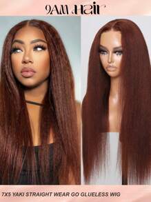 7x5掰掰結糸紅褐色直髮人髮假髮，具有預漂白發际線預剪裁不需膠的蕾絲假髮，女士適用 - S33 - 查看 1