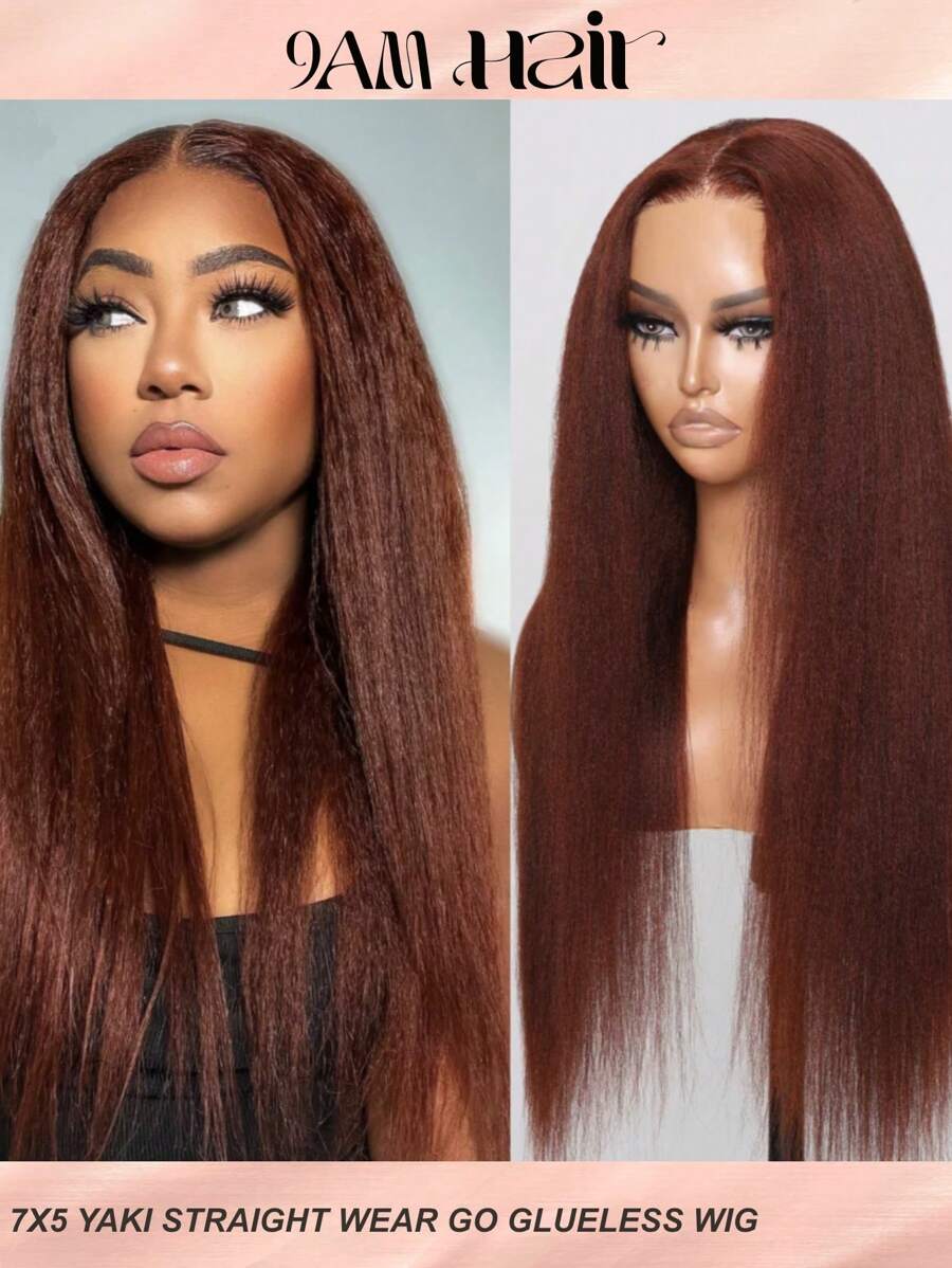 7x5掰掰結糸紅褐色直髮人髮假髮，具有預漂白發际線預剪裁不需膠的蕾絲假髮，女士適用 - S33 - 查看 1