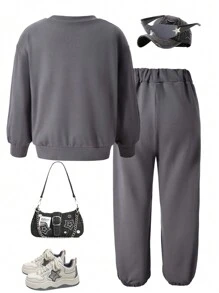 Young Girls Vacation Harem Sports Set, Loose Crew Neck Long Sleeve Top + Pocket Drawstring Pants, Suitable For Spring & Autumn - Grey - View 2