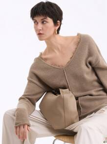 SHEIN Clasi Áo len dệt kim màu kaki cho nữ, thời trang tối giản, thường ngày, mặc hàng ngày vào mùa thu đông - Màu Khaki - Xem 7