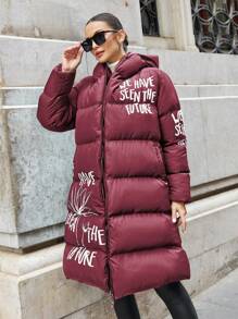 SHEIN Cottnline Plus Size Women Long Sleeve Zip Front Casual Padded Coat With Slogan Print, Winter - Burgundy - View 4